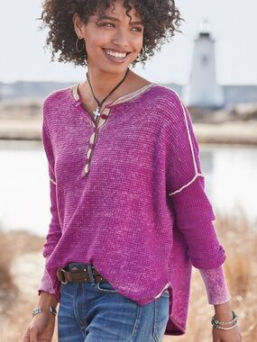 Sundance Gentry Waffle Knit Henley Thermal Top Size Small Mineral Washed Magenta